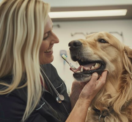 Vet cleaning dog's teeth